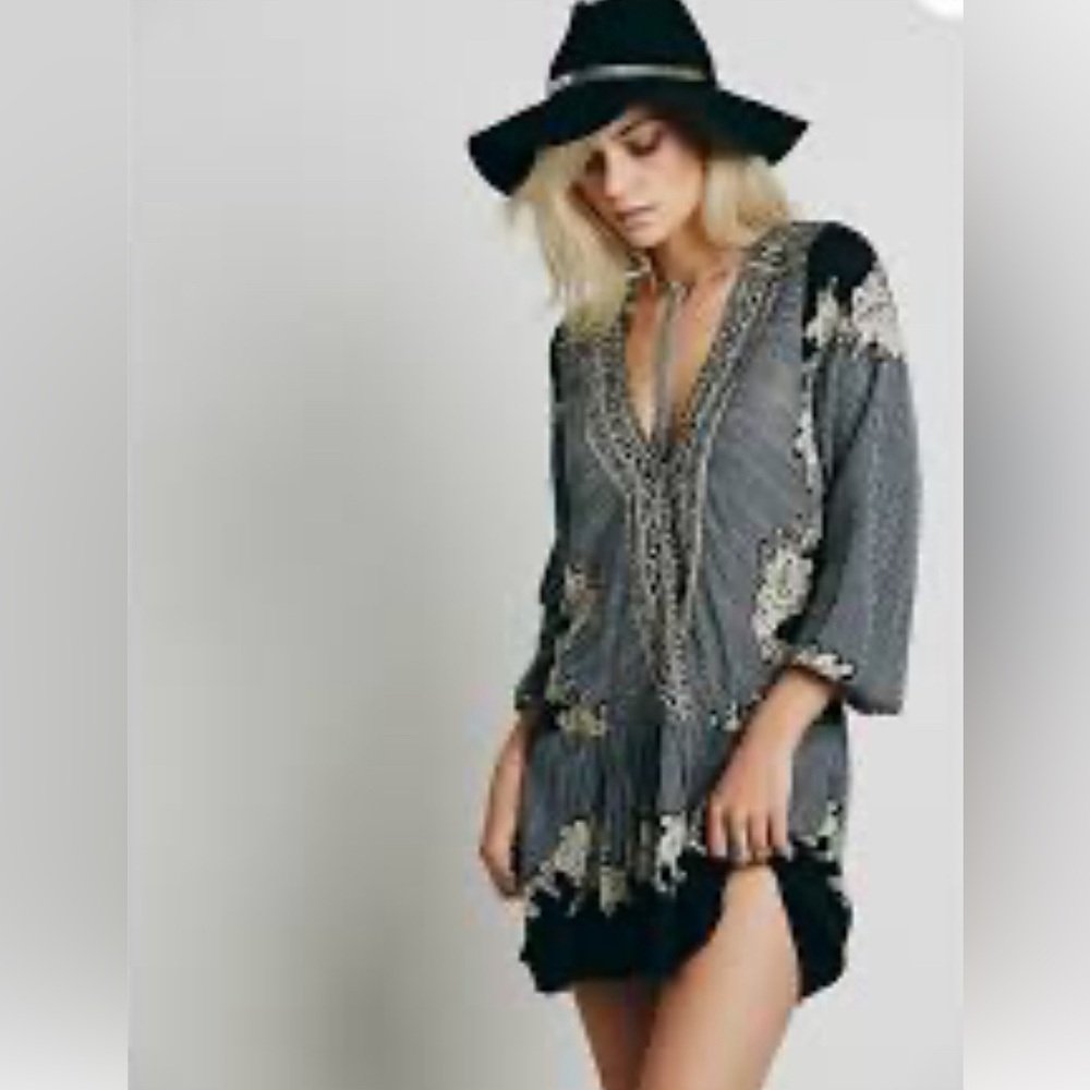 Free People Black and Cream Embroidered Dress